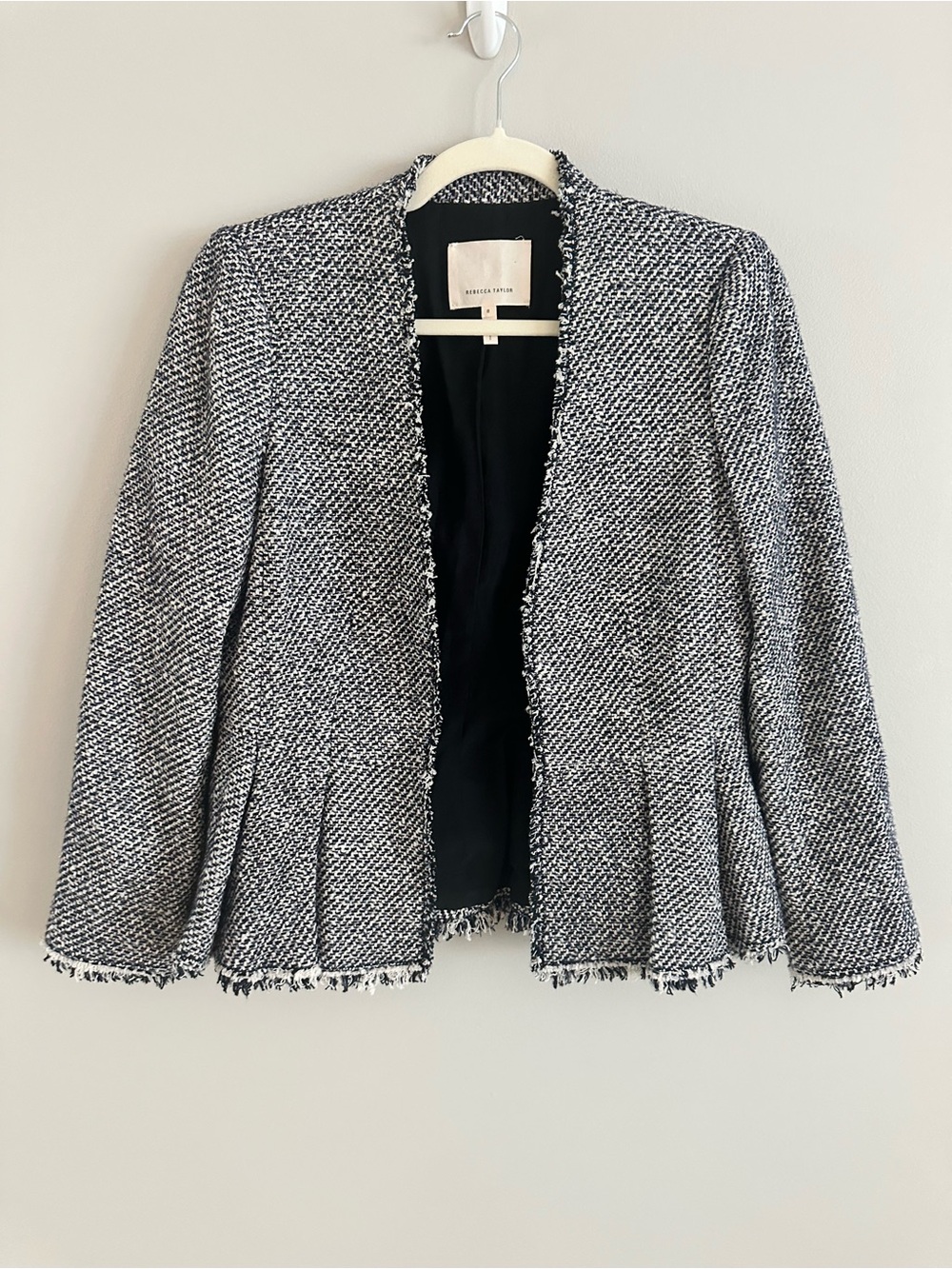 Rebecca Taylor Tweed Peplum Blazer Jacket Black White Navy Shimmer Size 8